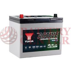 YUASA  YBX Active Leisure & Marine AGM Batteries L26-AGM Capacity at 20-hour Rate (Ah): 90 Cold Cranking Performance (Amps) 300A EN  350MCA