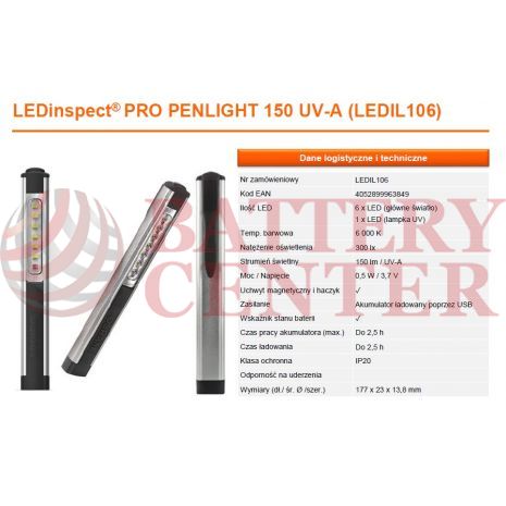 OSRAM LEDIL106 Φακός Εργασίας Επαναφορτιζόμενος Penlight 150 UV-A LedInspect Pro 6.000K